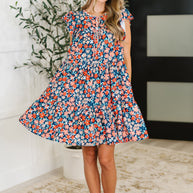 Petal to the Metal Flutter Sleeve Dress in Navy/Coral