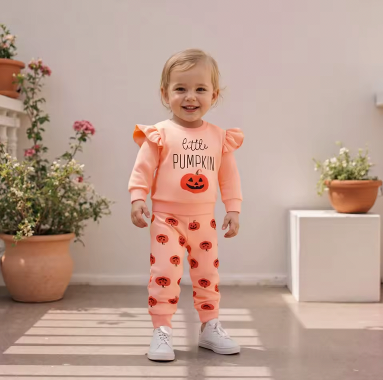 Light Orange Little Pumpkin Ruffle Sleeve Lounge Set