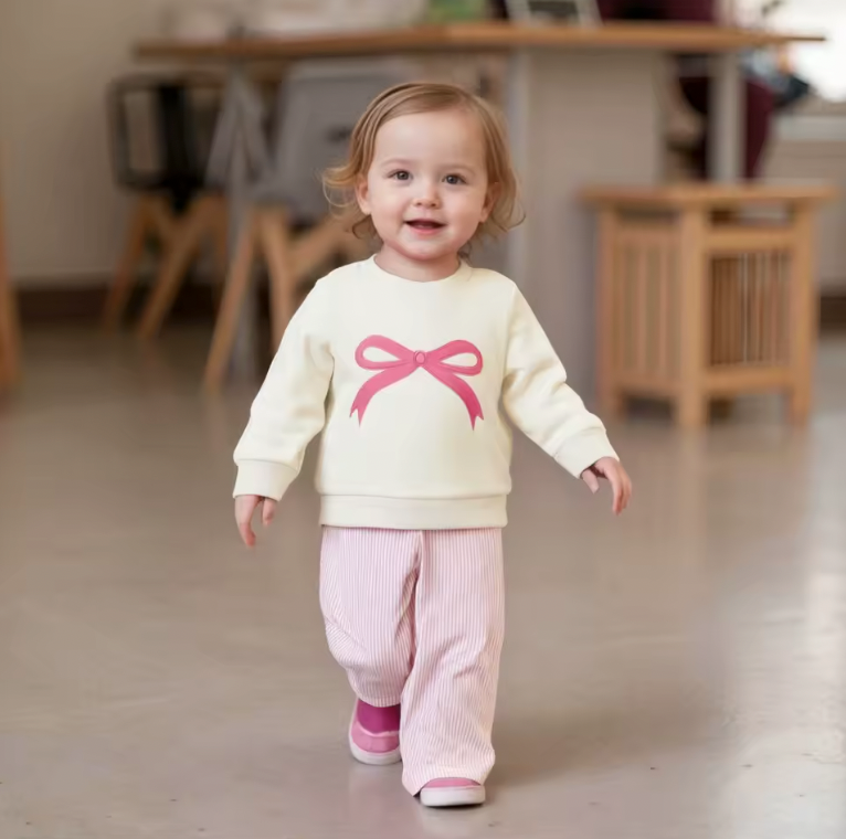 Bow Embroidered Cream Crewneck Pink Striped Pant Set
