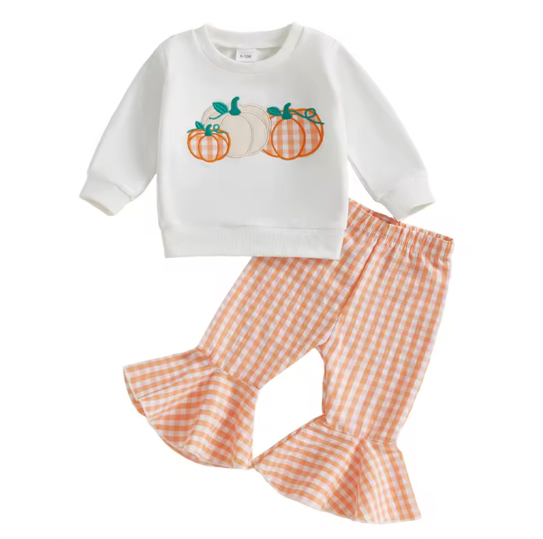 Orange Gingham Embroidered Pumpkin Bell Set