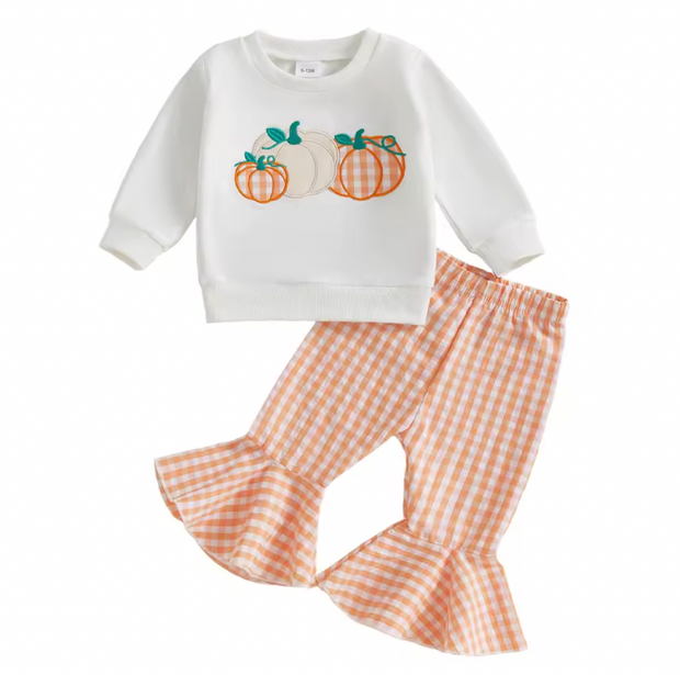 Orange Gingham Embroidered Pumpkin Bell Set