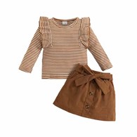 Brown Corduroy Skirt Striped Ruffle Set