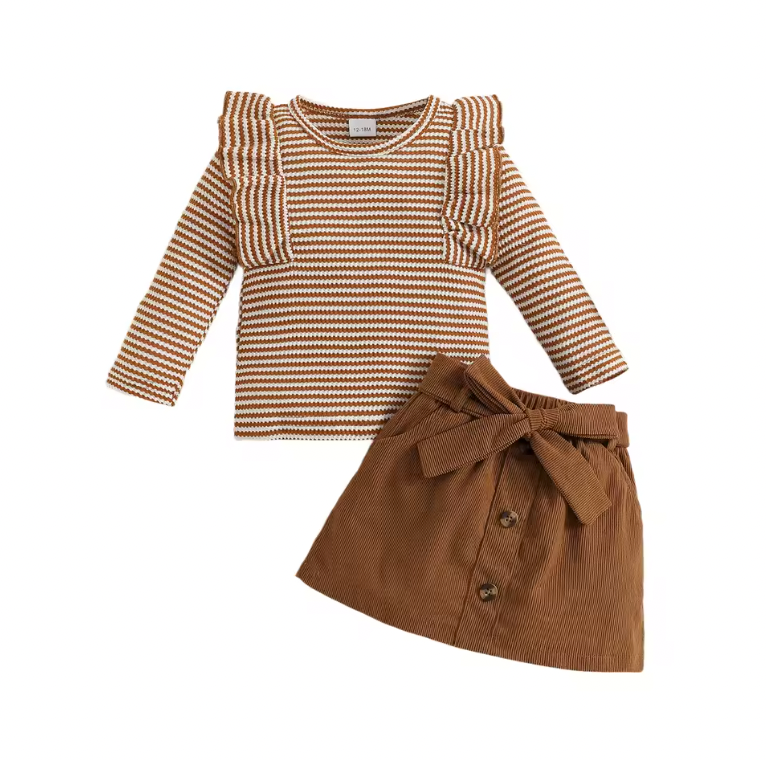 Brown Corduroy Skirt Striped Ruffle Set