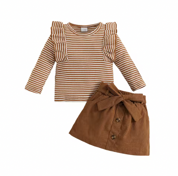 Brown Corduroy Skirt Striped Ruffle Set