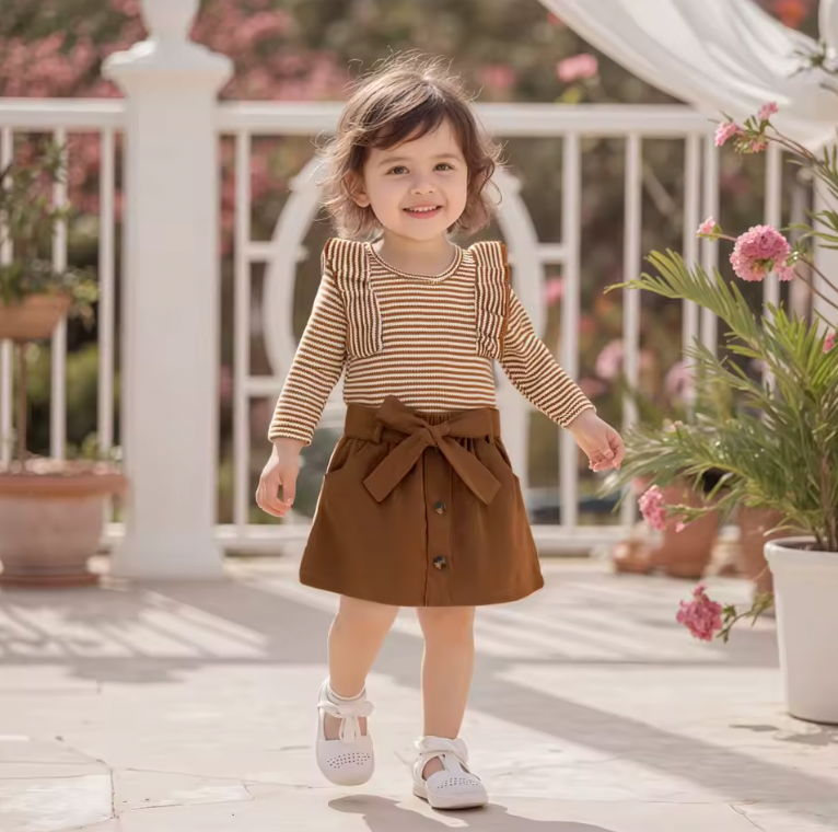 Brown Corduroy Skirt Striped Ruffle Set