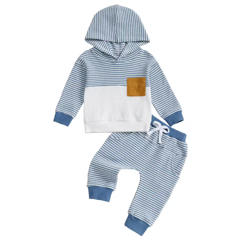 Blue Striped Waffle Knit Colorblock Lounge Set