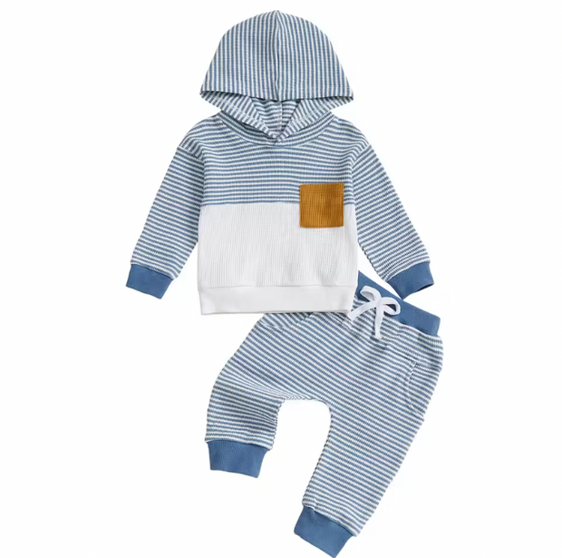 Blue Striped Waffle Knit Colorblock Lounge Set