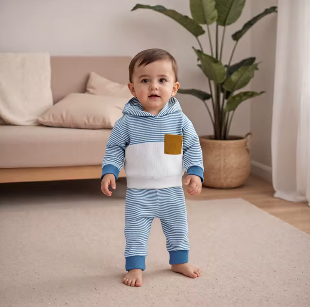 Blue Striped Waffle Knit Colorblock Lounge Set