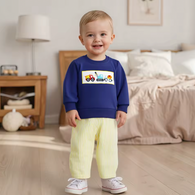 Navy Embroidered Construction Seersucker Pant Set