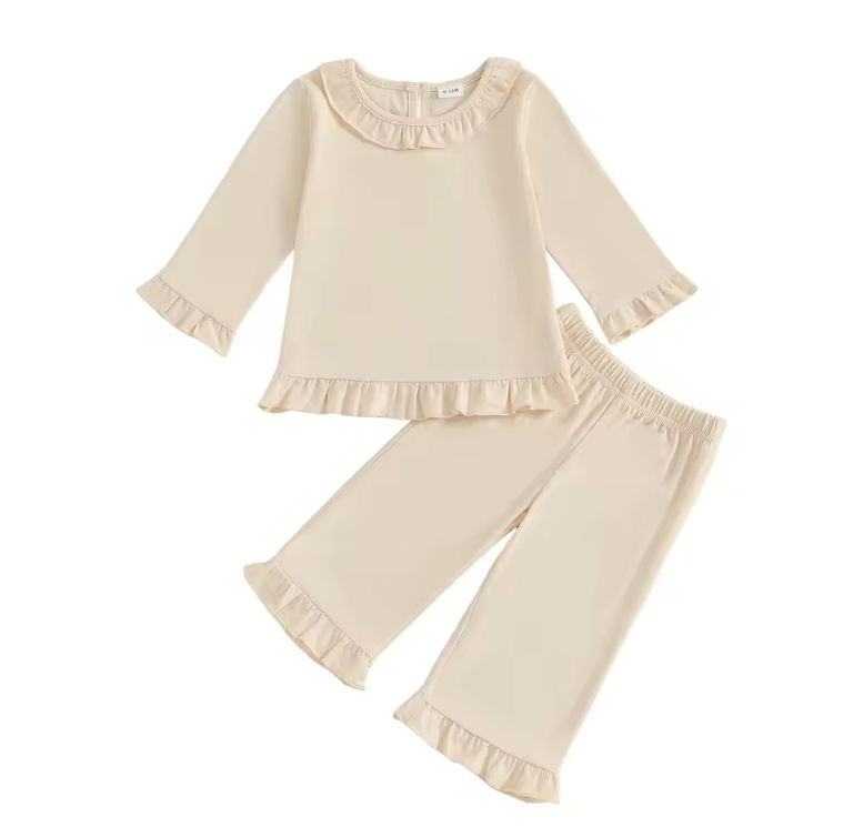 Beige Frill Solid Pant Set