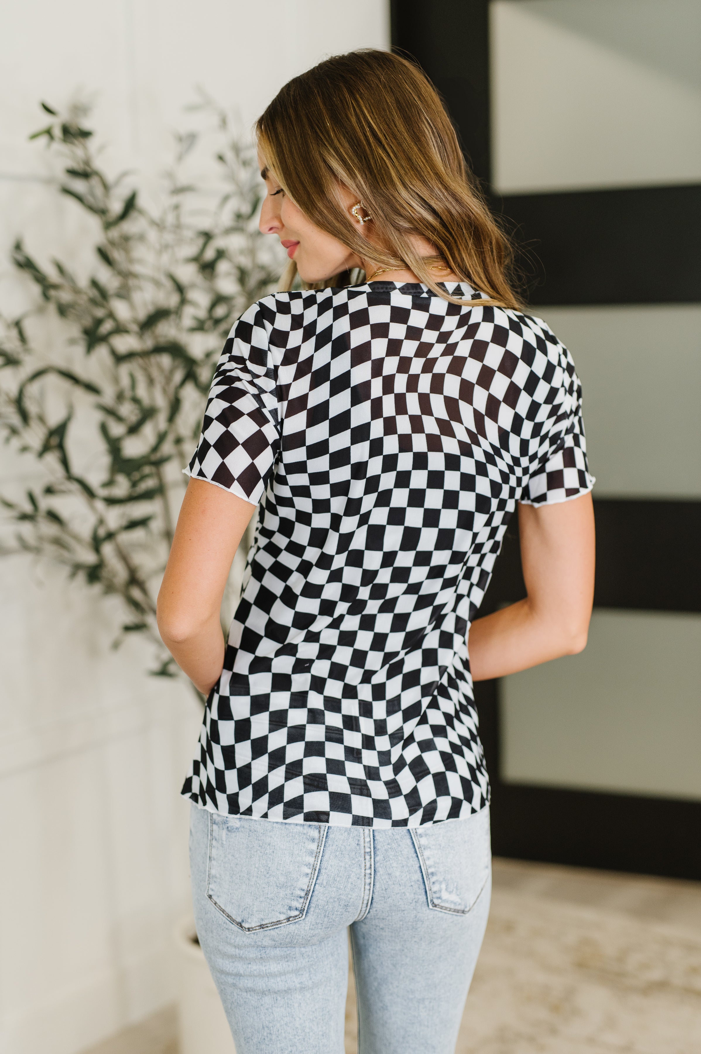 PREORDER: Sheer Checkered Layering Short Sleeve Top