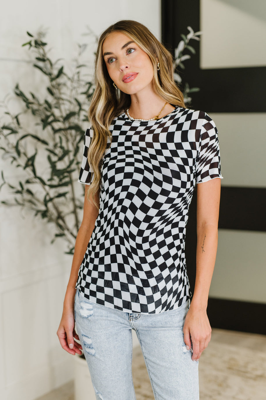 PREORDER: Sheer Checkered Layering Short Sleeve Top