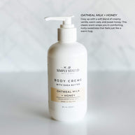 8oz pump bottle of Simply Stated Bath & Body Oatmeal Milk + Honey Body Creme with shea butter, offering a comforting vanilla and honey fragrance.