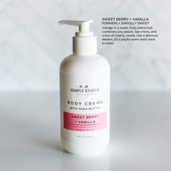 8oz pump bottle of Simply Stated Bath & Body Sweet Berry + Vanilla Body Creme with shea butter, featuring a fruity and sweet vanilla fragrance.
