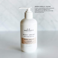 8oz pump bottle of Simply Stated Bath & Body Warm Vanilla + Sugar Body Creme with shea butter, delivering a cozy vanilla and brown sugar scent.