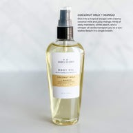 Simply Stated Bath & Body's Coconut Milk + Mango Body Oil in a sleek 4oz bottle with a treatment top. Featuring a tropical blend of creamy coconut milk and juicy mango, this moisturizing body oil offers a sun-soaked beach aroma.