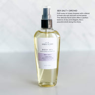 Simply Stated Bath & Body's Sea Salt + Orchid Body Oil in a 4oz bottle. A refreshing floral and oceanic scent perfect for a lightweight moisturizing experience.