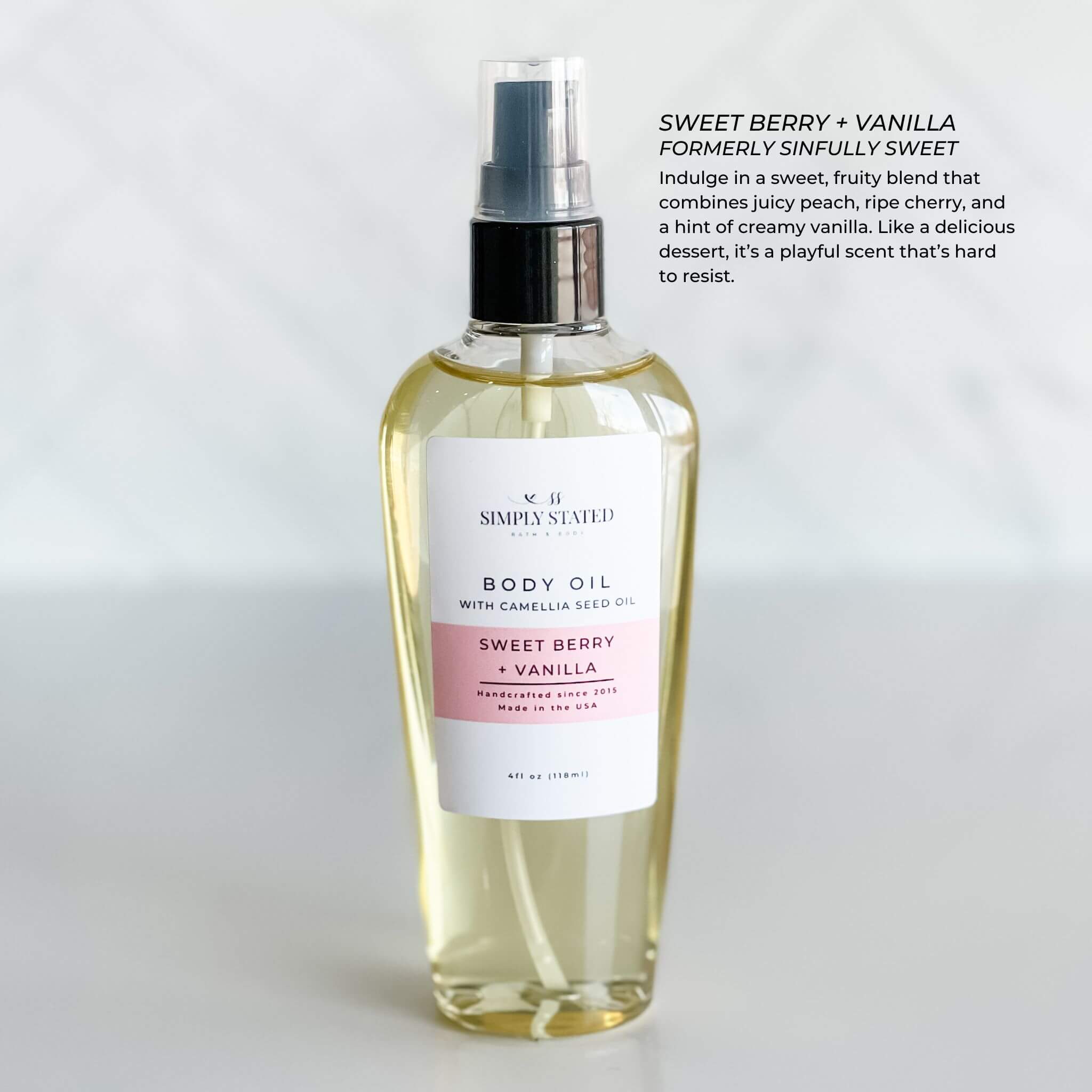 Simply Stated Bath & Body's Sweet Berry + Vanilla Body Oil in a 4oz bottle with a treatment top. A fruity blend of peach, cherry, and vanilla for a playful, hydrating scent.