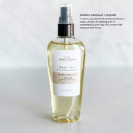 Simply Stated Bath & Body's Warm Vanilla + Sugar Body Oil in a 4oz bottle. Indulge in a cozy, sweet vanilla and brown sugar scent that nourishes your skin.