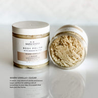 Simply Stated Body Polish in Warm Vanilla + Sugar scent, a warm exfoliating scrub with kokum butter, blending vanilla and brown sugar for a cozy, sweet self-care experience. 9.3 oz jar with updated label design.