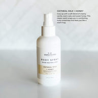Simply Stated Oatmeal Milk + Honey Body Spray in a 4oz white bottle with odor-neutralizing formula. A warm, comforting scent of creamy vanilla, sweet honey, and oats.