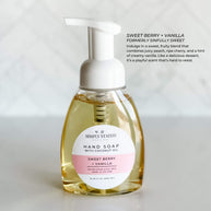 Simply Stated Bath & Body Sweet Berry + Vanilla Hand Soap in a soft pink hue, housed in an 8oz pump bottle. A playful fruity blend with peach, cherry, and vanilla notes.
