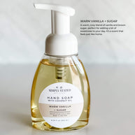 Warm Vanilla + Sugar Signature Hand Soap by Simply Stated Bath & Body in an 8oz pump bottle. A cozy, sweet scent of vanilla and brown sugar for an at-home spa-like experience.