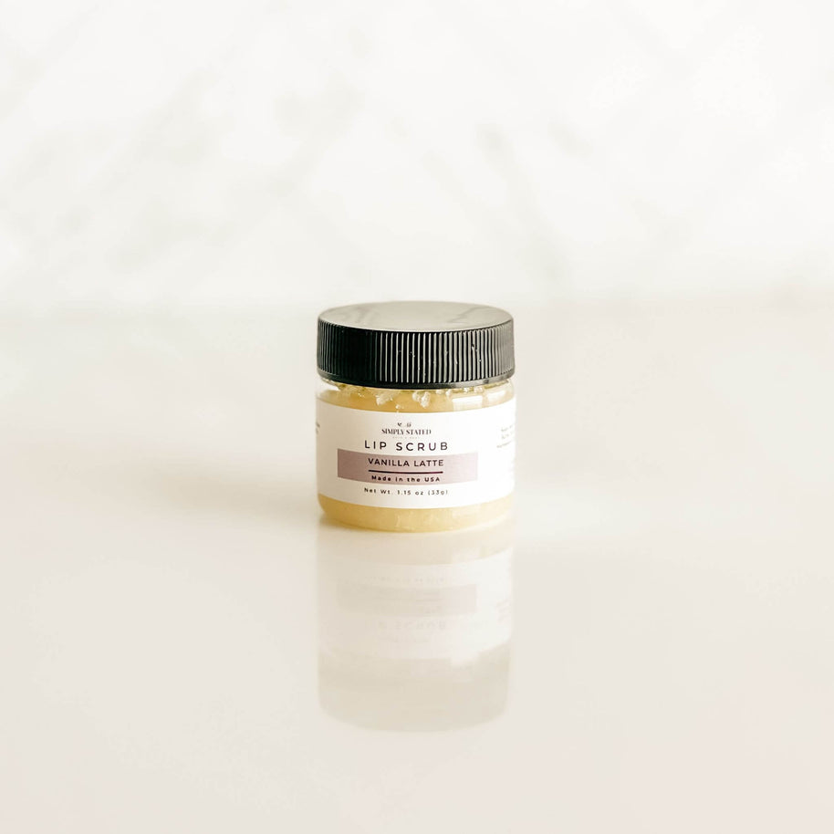 Simply Stated vanilla latte lip scrub in a pale beige tone, reminiscent of creamy vanilla coffee, perfect for gentle lip care.