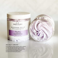 Signature Line Whipped Soap Sea Salt + Orchid, 8oz jar, a delicate floral whipped soap with fresh sea salt and soft orchid petals, crafted with mango butter for smooth, silky skin.