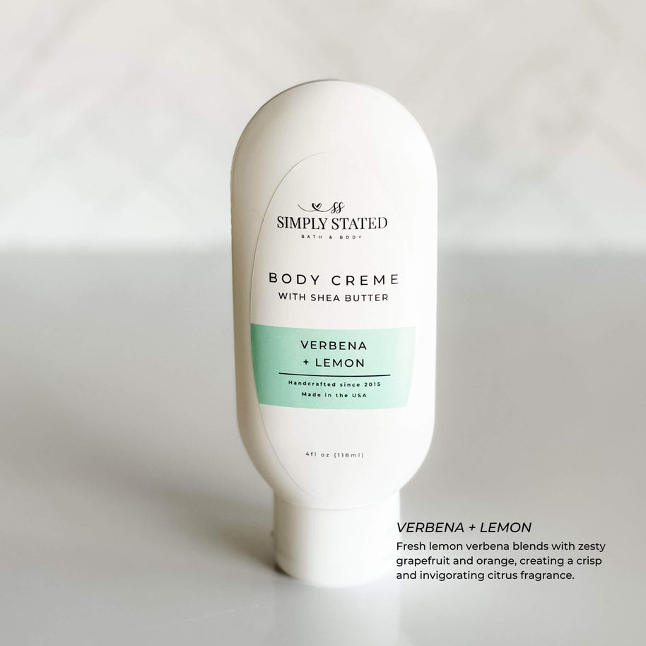 Simply Stated Verbena + Lemon Body Creme, offering a vibrant blend of lemon verbena and zesty grapefruit with deeply hydrating shea butter.