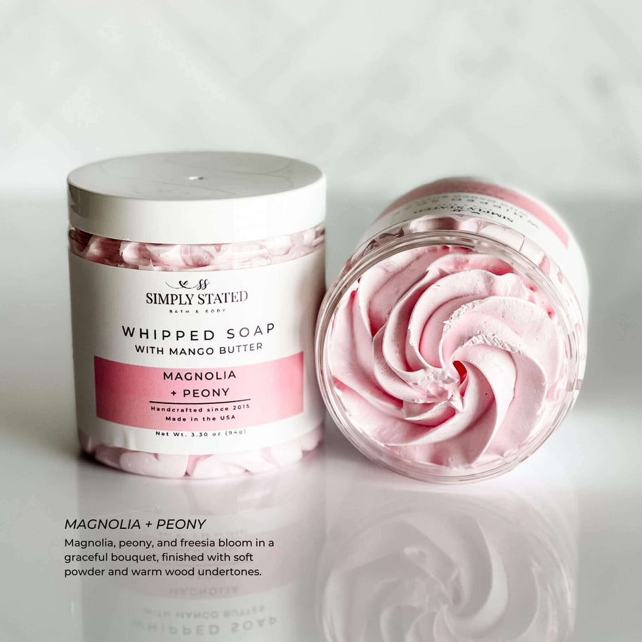 Magnolia + Peony Whipped Soap jar and open swirl close-up.