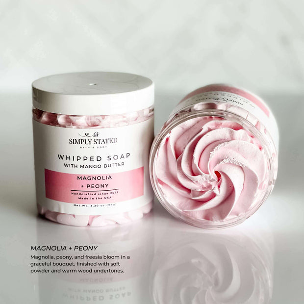 Magnolia + Peony Whipped Soap jar and open swirl close-up.