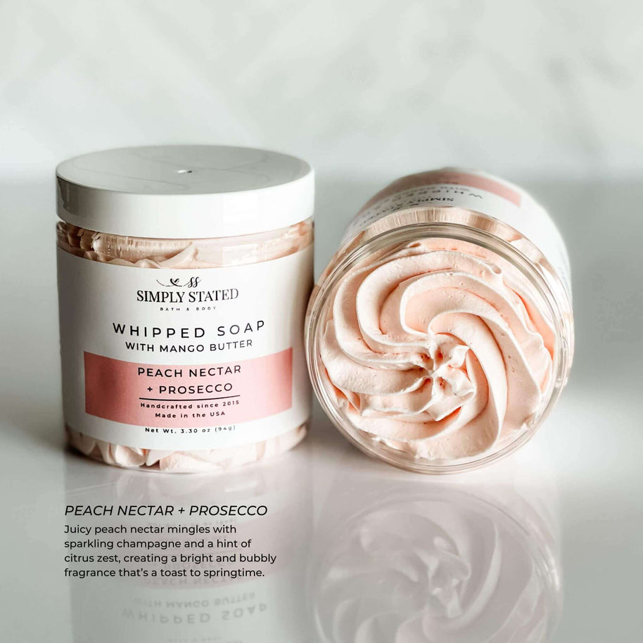 Peach Nectar + Prosecco Whipped Soap jar and open swirl close-up.