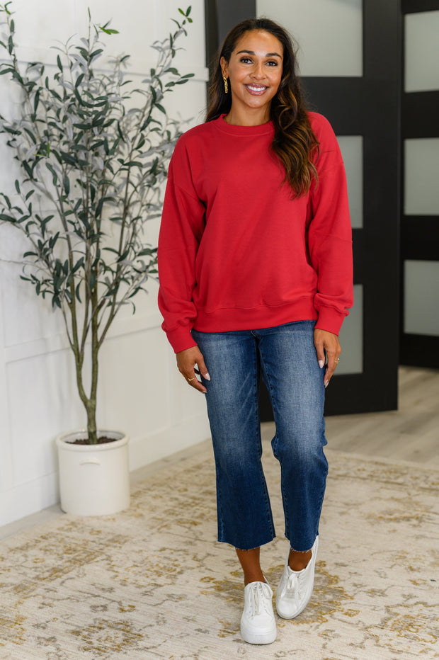 Sweet with a Side Eye Drop Shoulder Pullover in True Red