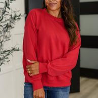 Sweet with a Side Eye Drop Shoulder Pullover in True Red