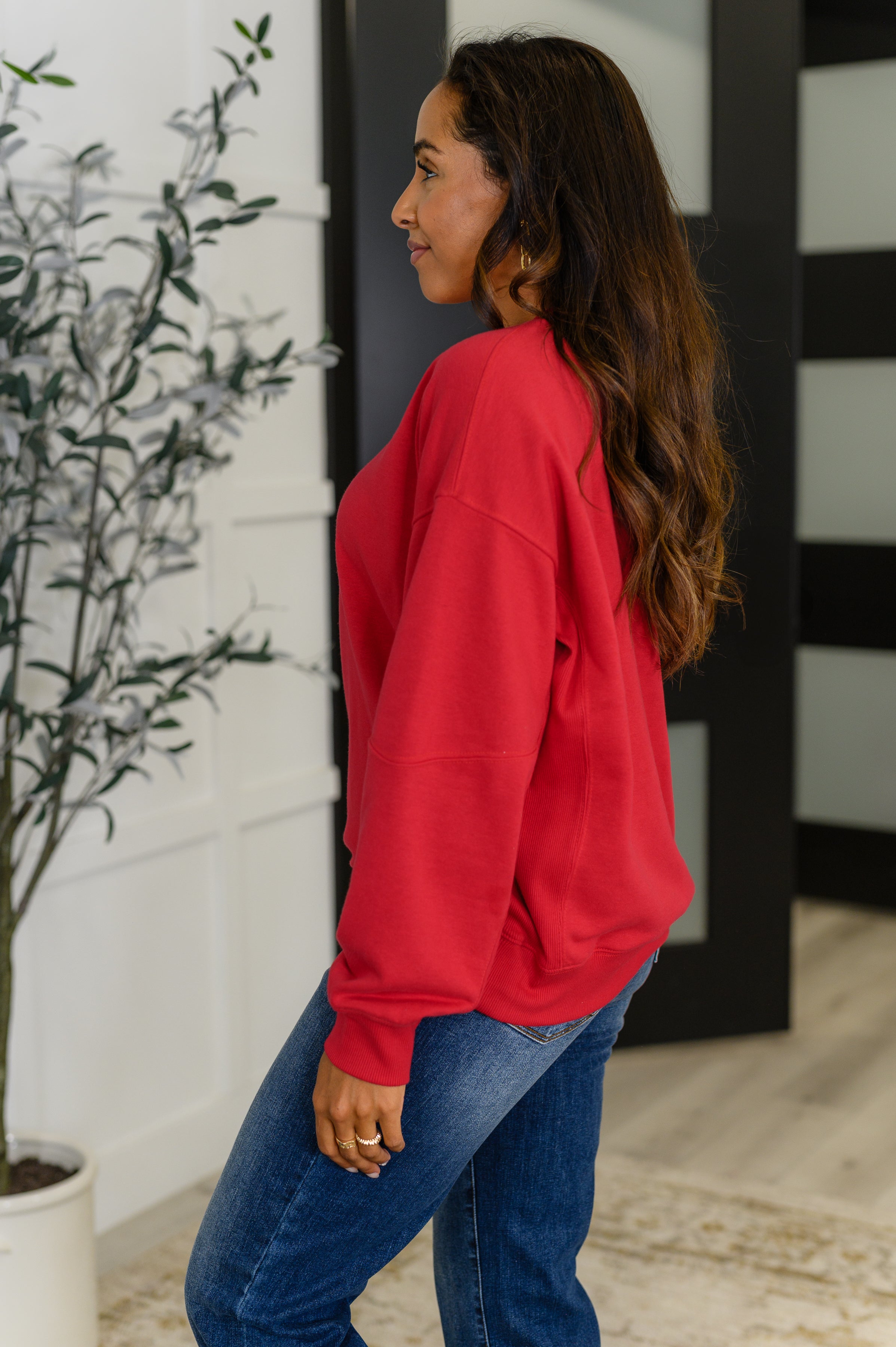 Sweet with a Side Eye Drop Shoulder Pullover in True Red