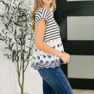 Too Sweet to Share Scalloped Hem Blouse in Ivory and Navy