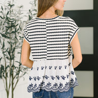 Too Sweet to Share Scalloped Hem Blouse in Ivory and Navy