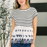 Too Sweet to Share Scalloped Hem Blouse in Ivory and Navy