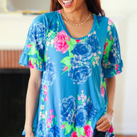 Feeling Playful Blue Floral Ruffle Sleeve & Hem Tunic Top