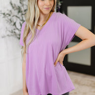 Top Shelf Basic V-Neck Ribbed Tee in Lavender