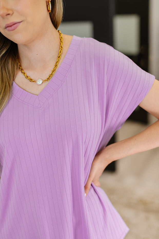 Top Shelf Basic V-Neck Ribbed Tee in Lavender