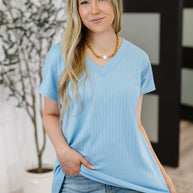 Top Shelf Basic V-Neck Ribbed Tee in Sky Blue