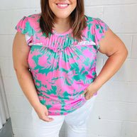 Pink & Green Floral Print Frilled Short Sleeve Yoke Top