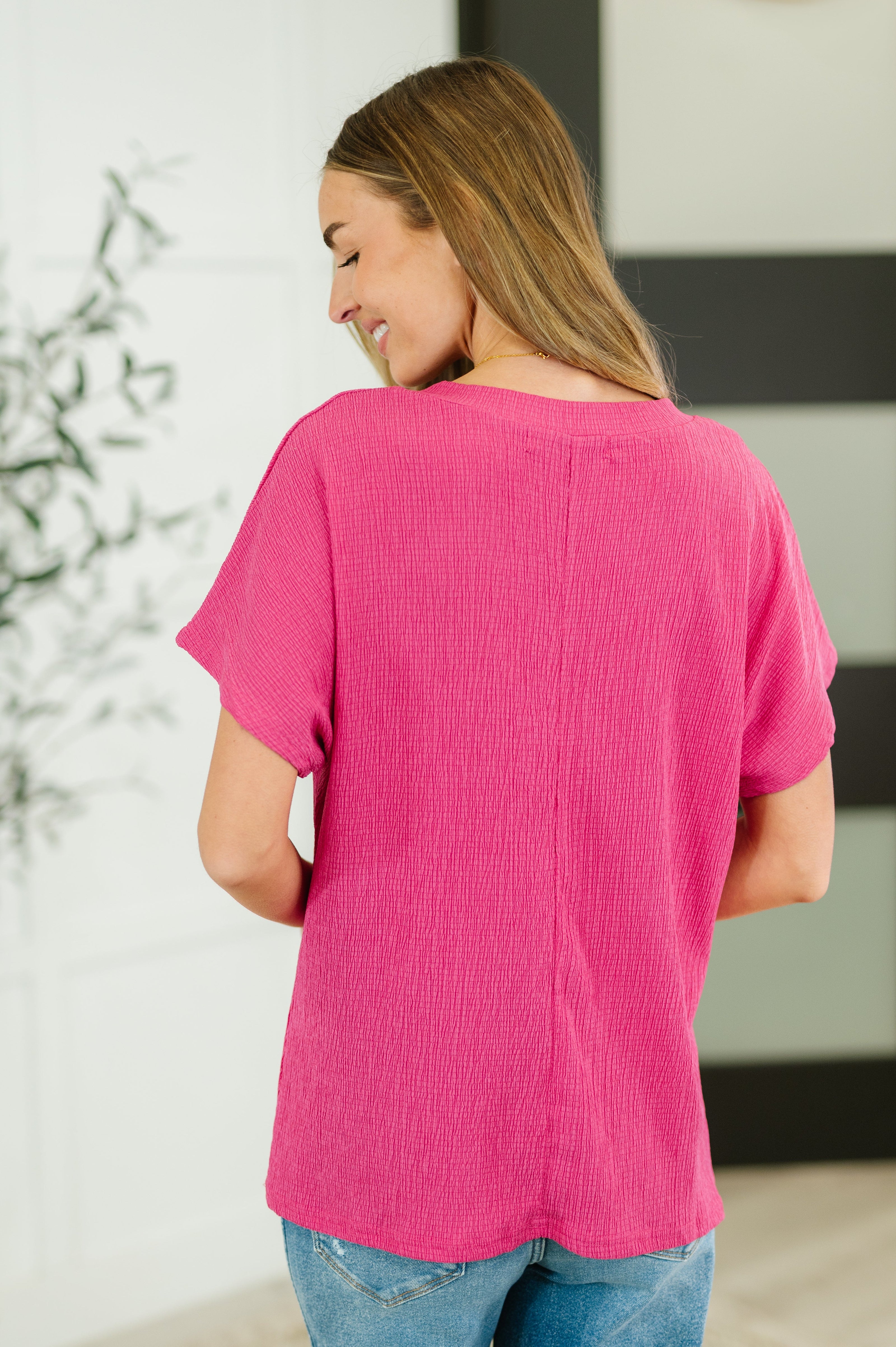 Trial and Error Textured V-Neck Blouse in Magenta