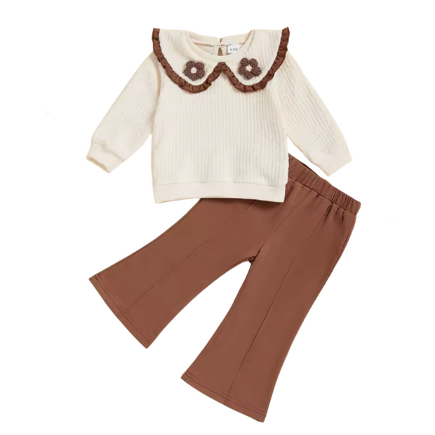 Cream Collared Flower Sweater and Brown Pant Set