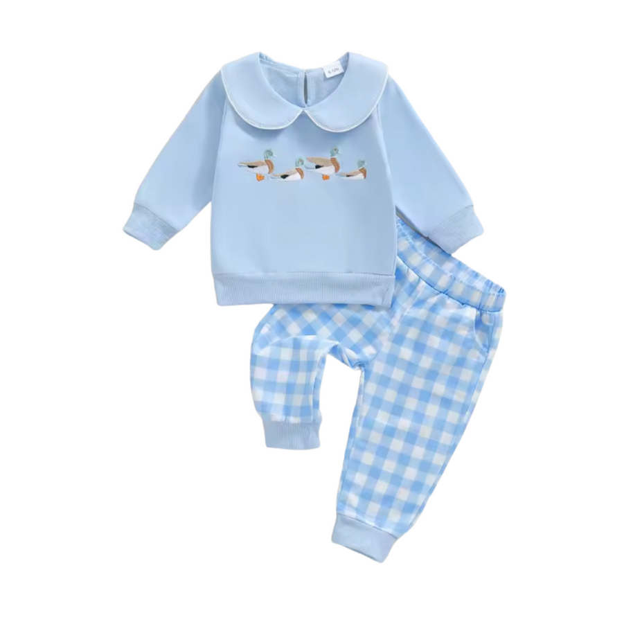 Blue Collared Embroidered Mallard Gingham Pant Set