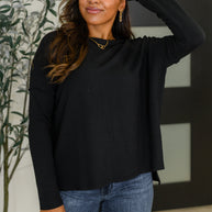 Wander & Rest Cable Ribbed Knit Drop Shoulder Top in Black