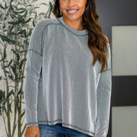 Wander & Rest Cable Ribbed Knit Drop Shoulder Top in Black/White