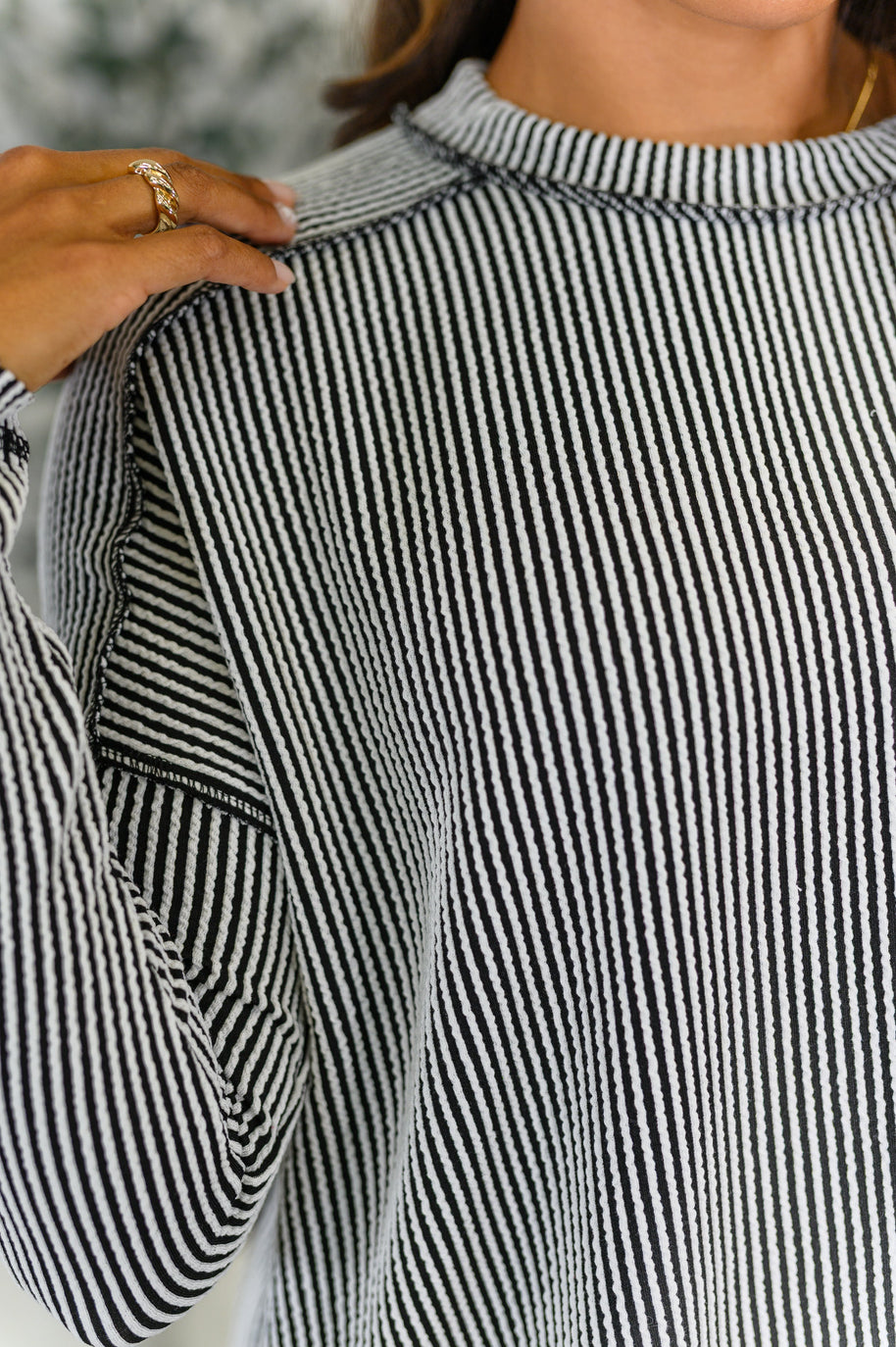 Wander & Rest Cable Ribbed Knit Drop Shoulder Top in Black/White